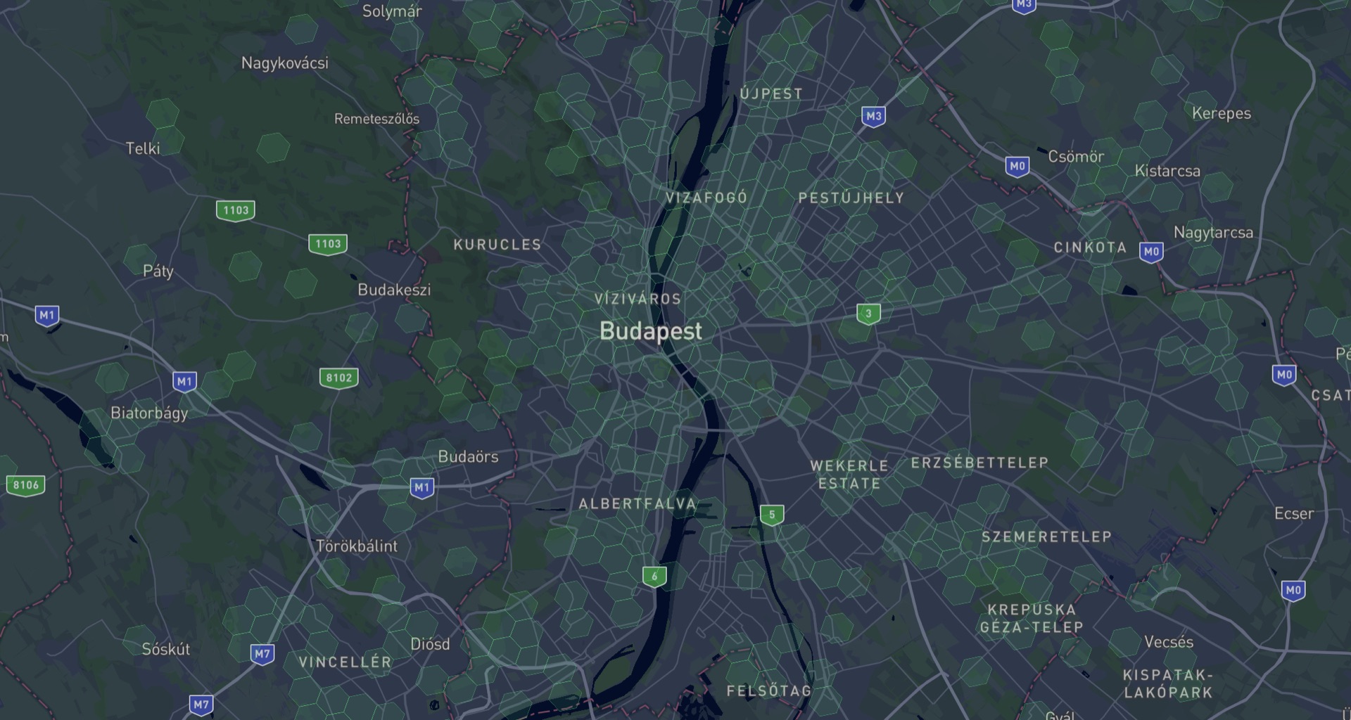 Budapest térképe mesh-lefedettségi hexagonokkal