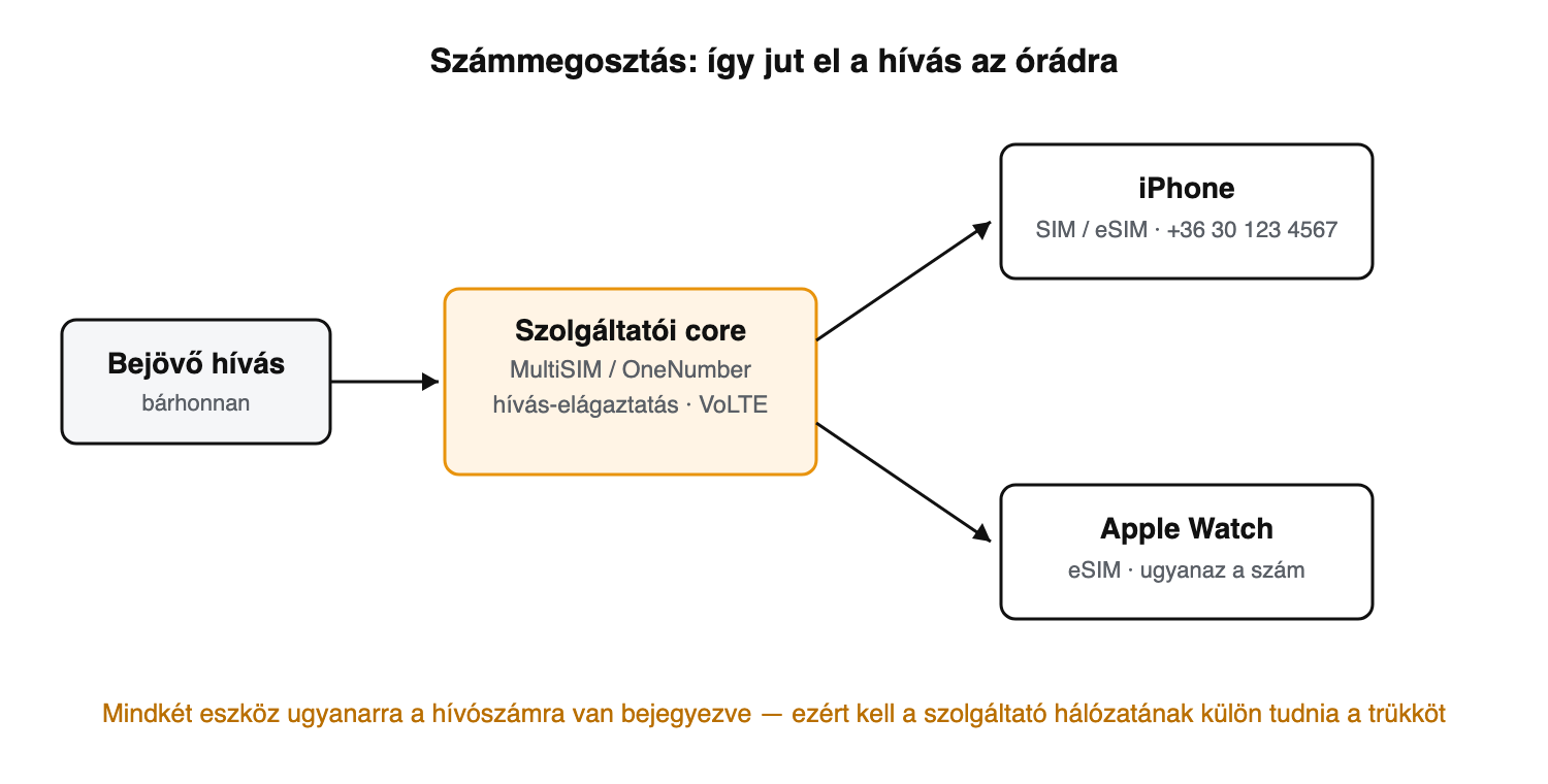 Diagram: a bejövő hívást a szolgáltatói core (MultiSIM/OneNumber, hívás-elágaztatás, VoLTE) párhuzamosan továbbítja az iPhone-ra és az Apple Watchra — mindkét eszköz ugyanazt a hívószámot használja