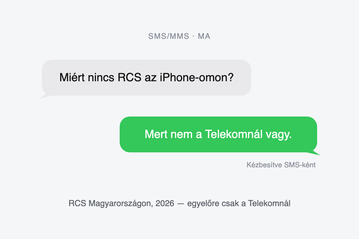 Két üzenetbuborék: Miért nincs RCS az iPhone-omon? — Mert nem a Telekomnál vagy. Kézbesítve SMS-ként.